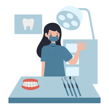 Assistante dentiste utilisant des outils dentaires  Illustration