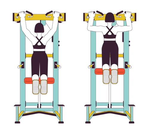 Working Out On Assisted Pull Up Machine Flat Line Vector Spot Illustration Gym Woman 2 D Cartoon Outline Character On White For Web UI Design Strength Training Editable Isolated Color Hero Image Illustration