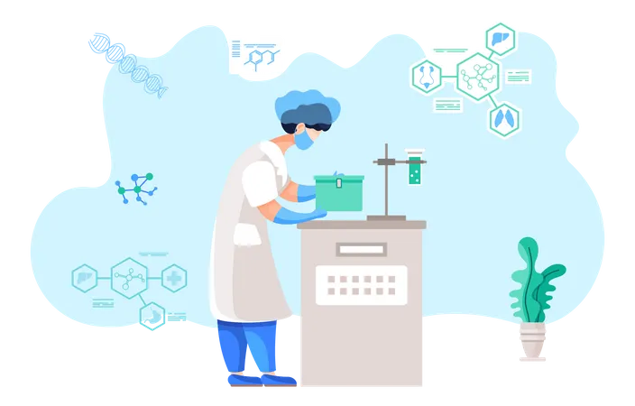 Assistente de laboratório analisando líquido em tubo de ensaio  Ilustração