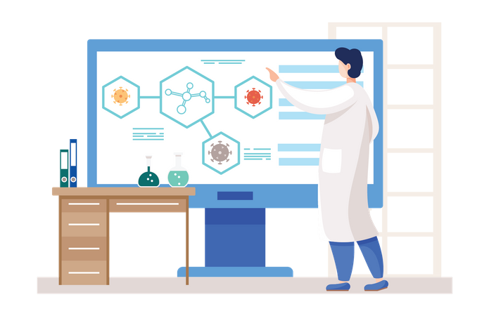 Assistente de laboratório fazendo pesquisas em laboratório  Ilustração