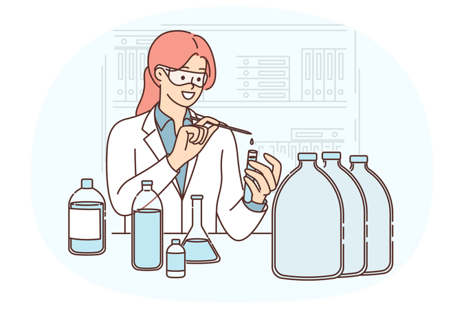 Assistente de laboratório testa qualidade da água para detectar presença de micróbios e impurezas prejudiciais  Ilustração