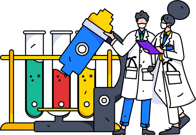 Assistente de laboratório pesquisa sobre medicamentos  Ilustração