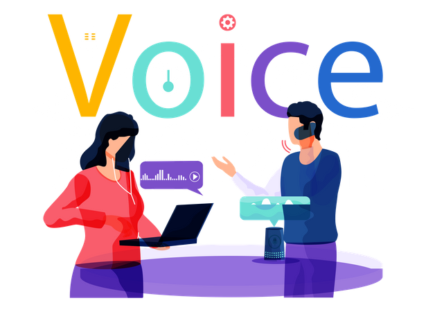 Assistente de voz. Assistente virtual de alto-falante inteligente, robô de som, pessoas usando alto-falante inteligente controlado por voz  Ilustração
