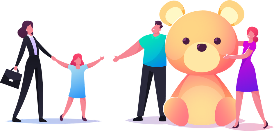 Assistente social leva criança órfã para novos pais com um enorme presente de urso macio  Ilustração