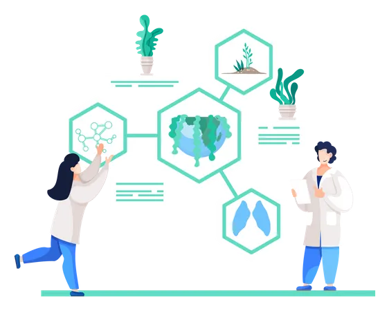 Auxiliares de laboratório realizam pesquisas com plantas  Ilustração