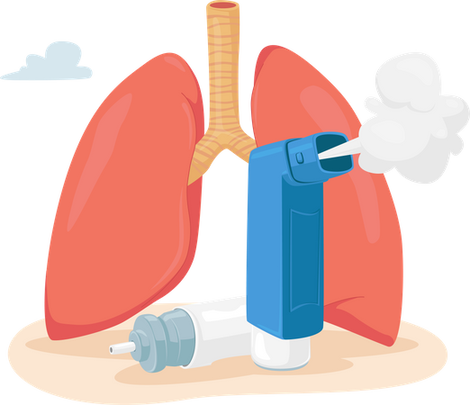 Asthma Disease Concept. Human Lungs and Inhaler for Breathing. Chronic Sickness, Respiratory System Disease, Remedy Illustration