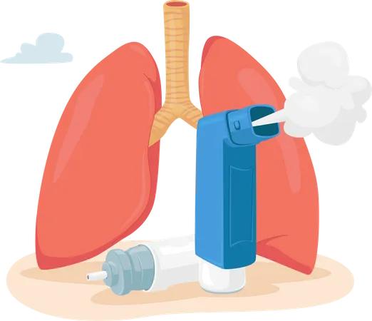 Asthma Disease Concept. Human Lungs and Inhaler for Breathing. Chronic Sickness, Respiratory System Disease, Remedy  Illustration