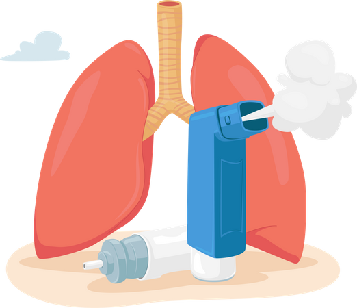 Asthma Disease Concept. Human Lungs and Inhaler for Breathing. Chronic Sickness, Respiratory System Disease, Remedy  Illustration