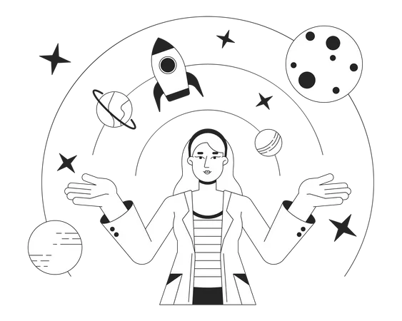 Astrofisica Feminina Bw Conceito Vetor Spot Ilustracao Exploracao Espacial Personagem Monocromatico De Linha Plana De Desenho Animado 2 D De Ciencia De Foguetes Para Design De UI Web Imagem De Heroi De Contorno Isolado Editavel Ilustração