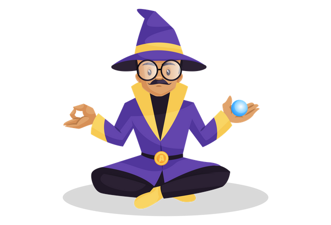 Astrologe meditiert und hält in einer Hand eine Kristallkugel  Illustration