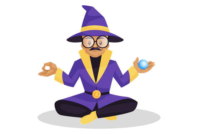 Astrologer doing meditation while in one hand carrying a crystal ball Illustration