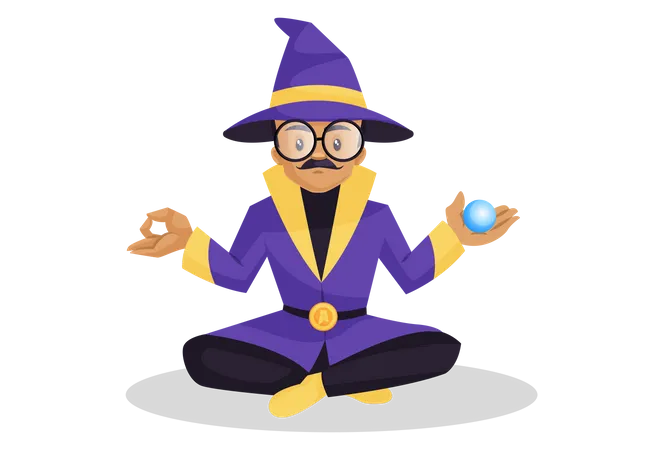 Astrologer doing meditation while in one hand carrying a crystal ball Illustration