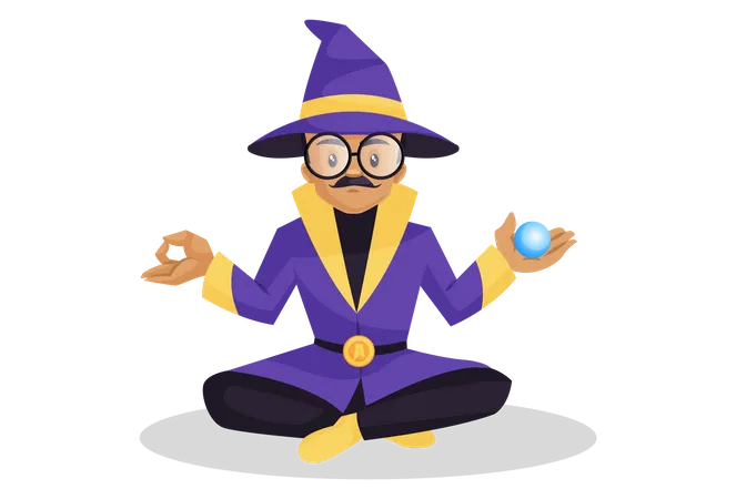 Astrologer doing meditation while in one hand carrying a crystal ball  Illustration