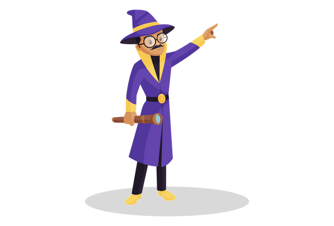 Astrologer is holding a binocular in hand and pointing his finger  Illustration