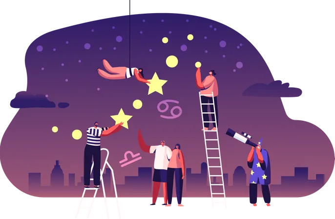 Astrologer watching night starry sky through telescope  Illustration