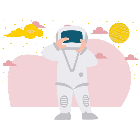 Astronaut Adjusting His Astronaut Helmet  Illustration