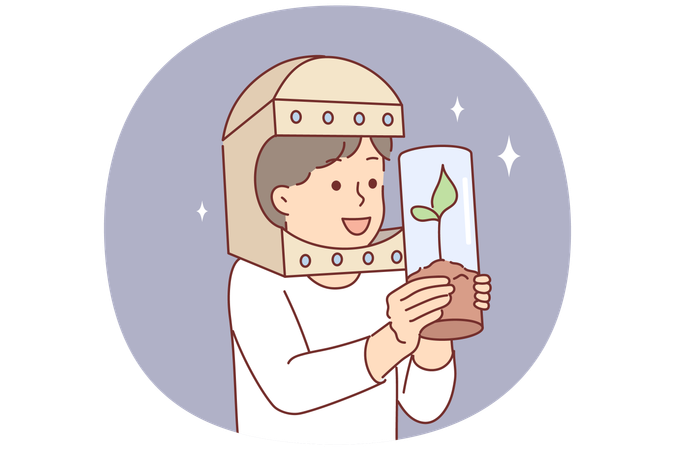 Astronaut boy holding tree in test tube and dreams of growing plants flying into space  Illustration