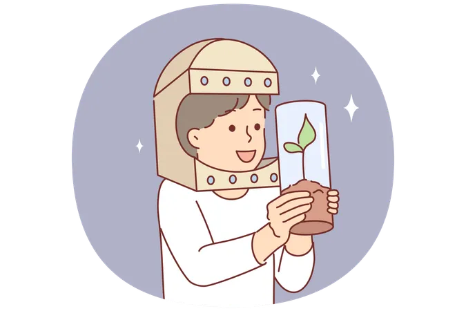 Astronaut boy holding tree in test tube and dreams of growing plants flying into space  Illustration