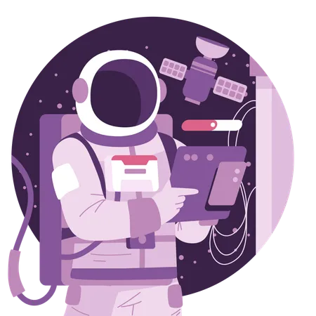 Astronaut checking information in tablet  イラスト