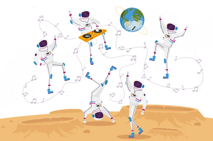 Astronaut Dancing on Alien Planet or Moon Surface  Illustration
