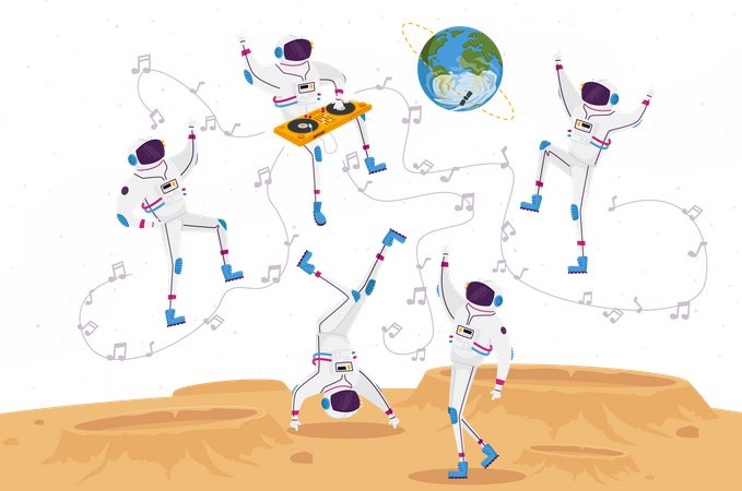 Astronaut Dancing on Alien Planet or Moon Surface  Illustration