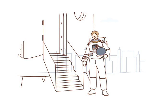 Astronaut entering spaceship to take off walking into rocket ready for launching  Illustration