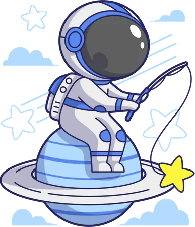 Astronaut Fishing Star  Illustration