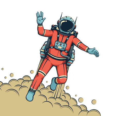 Astronaut flying with jetpack with spaceman in spacesuit  イラスト