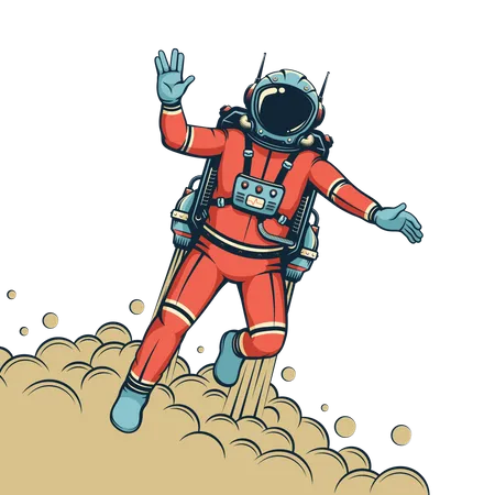 Astronaut flying with jetpack with spaceman in spacesuit  イラスト