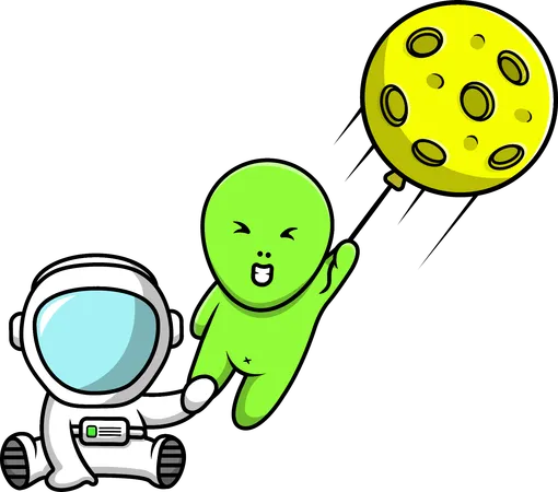 Astronaut Grabbing Floating Alien With Moon Balloons  Illustration