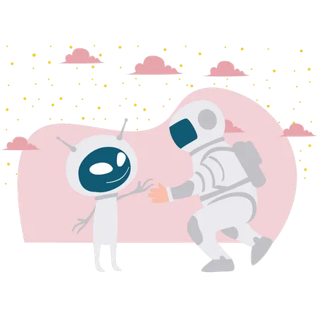The Astronaut Is Greeting With An Alien イラスト