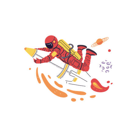 Astronaut holds rocket flying among planets in space  Illustration