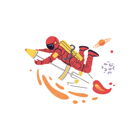 Astronaut holds rocket flying among planets in space  Illustration