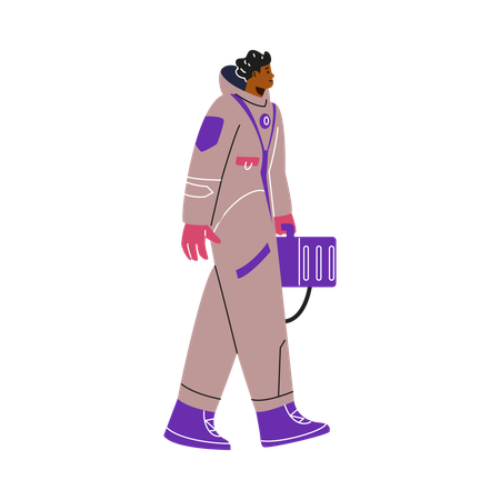 Astronaut in a gray suit walking with a suitcase  Illustration