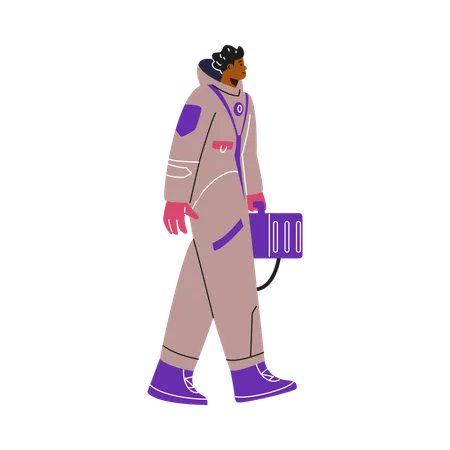 Astronaut in a gray suit walking with a suitcase  Illustration