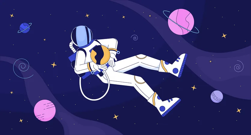 Astronaut In Outer Space Lofi Wallpaper Explorer In Protective Suit Among Celestial Bodies 2 D Cartoon Flat Illustration Cosmos Depth Discovering Chill Vector Art Lo Fi Aesthetic Colorful Background Illustration