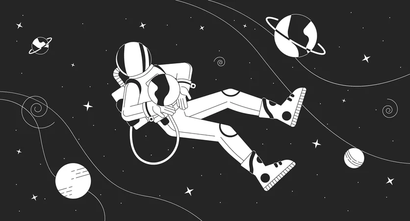 우주 공간의 흑백 Lofi 벽지에 있는 우주 비행사 천체 2 D 개요 만화 평면 그림 중 보호복을 입은 탐험가 코스모스 깊이 벡터 라인 Lo Fi 미적 배경 일러스트레이션