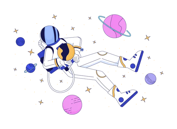 Astronaut In Outer Space Line Cartoon Flat Illustration Person Wearing Protective Costume In Cosmos 2 D Lineart Character Isolated On White Background Lo Fi Theme Scene Vector Color Image Illustration