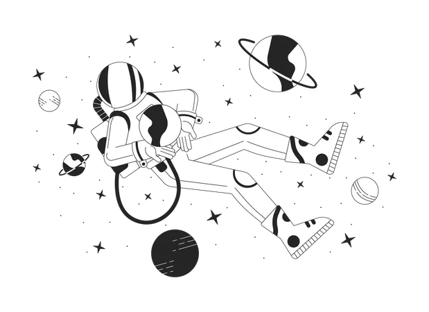 Astronaut In Outer Space Black And White 2 D Illustration Concept Person Wearing Protective Costume In Cosmos Cartoon Outline Character Isolated On White Lo Fi Theme Scene Vector Color Image Illustration