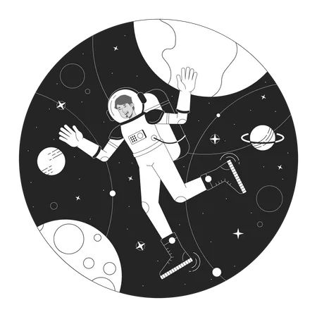 Astronaut In Space Bw Concept Vector Spot Illustration Man In Space Suit Among Planets 2 D Cartoon Flat Line Monochromatic Character For Web UI Design Editable Isolated Outline Hero Image Illustration