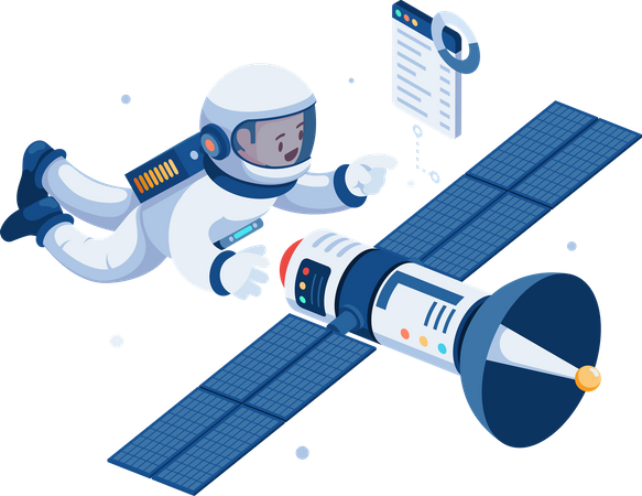 Astronaut in Space Suit Repair Broken Satellite  Illustration