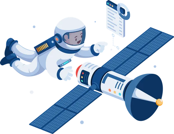 Flat 3 D Isometric Astronaut In Space Suit Repair Broken Satellite Space Technology And Astronomy Concept Illustration