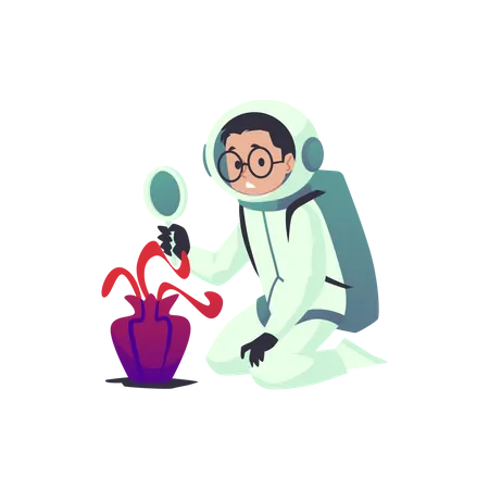 An Astronaut In A Spacesuit Is Studying Extraterrestrial Life A Boy With Glasses In A Space Suit Looks Puzzled Through A Magnifying Glass At An Alien Cartoon Illustration Illustration