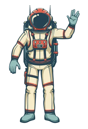 Astronaut In Spacesuit Waves His Hand Cosmonaut Shows The Vulcan Salute Vector Retro Illustration Illustration