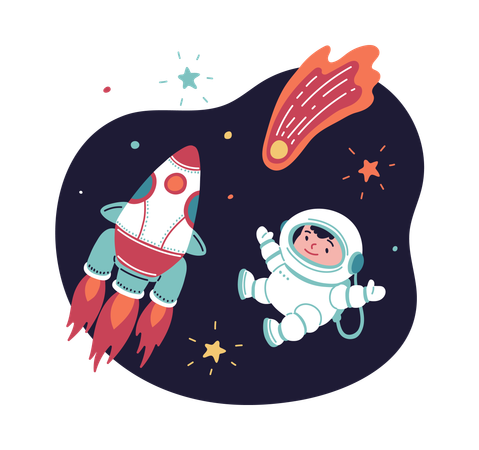 Astronaut kid and burning comet in space  Illustration