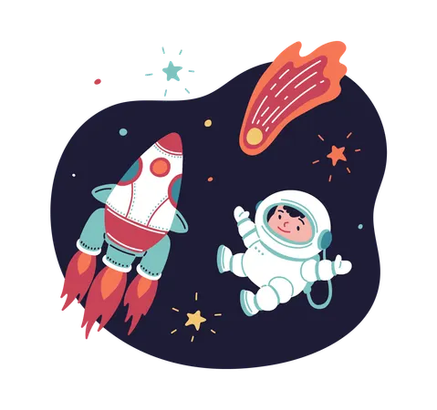 Astronaut kid and burning comet in space  Illustration