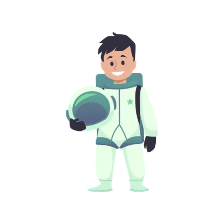 Astronaut Kid Cartoon Character In Space Suit Flat Illustration With Cute Smiling Spaceman Boy Holding Helmet In His Hands Space Adventure Travel Illustration