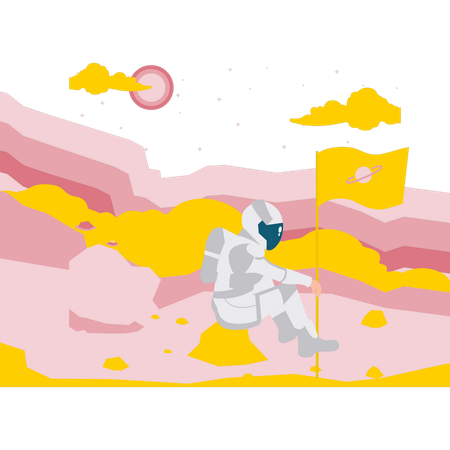 Astronaut Planting Flag On Planet  Illustration