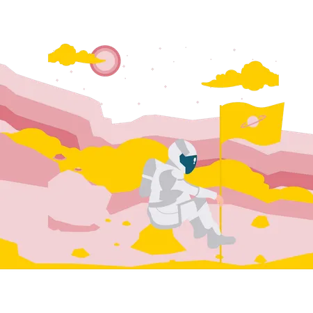 Astronaut Planting Flag On Planet  Illustration