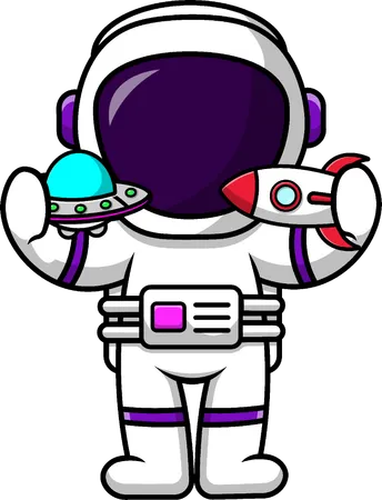 Astronaut Playing Ufo And Rocket Toy  イラスト